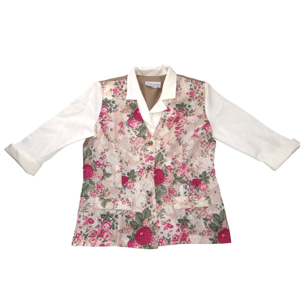 Classic Apparel Ltd Womens Floral Lace Print Blazer Jacket Tan White Pink USA